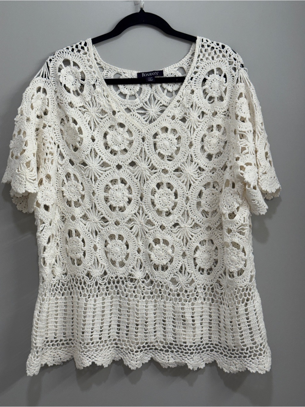 Roaman's Cream Crochet Short-Sleeve V-Neck Top Ramie Cotton Blend Boho
